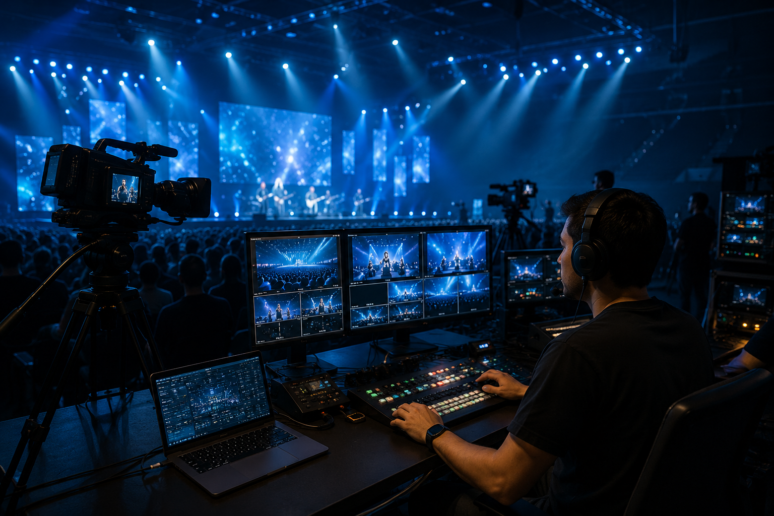 Tim produksi menjalankan live streaming multi kamera di panggung acara